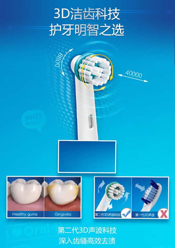 欧乐B P4500 成人充电式3D智能蓝牙声波电动牙刷